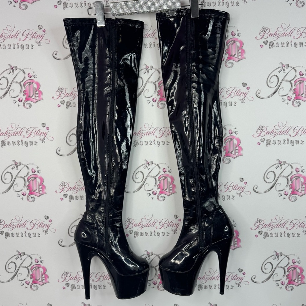 Thigh high heel boots shiny exotic dance Black Patent Leather Thigh-High Boots